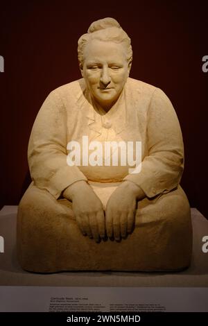 Una visitatrice portatrice di handicap in sedia a rotelle che guarda la statua in terracotta dello scrittore espatriato americano Gertrude Stein esposta nella National Portrait Gallery.Smithsonian Institution.Washington DC.USA Foto Stock