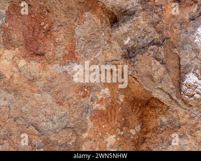 Paredon con pinturas, dipinti preistorici alle pareti di una grotta, sezione Park Patagonia Jeinimeni, Patagonia, Cile Foto Stock