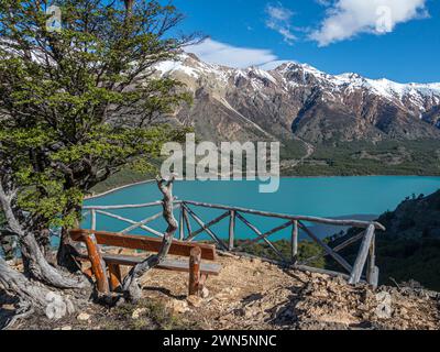Lago Lago Jeinimeni, ponte sul fiume che scorre fuori dal lago, Jeinimeni NP, sezione del Parco Patagonia, Patagonia, Cile Foto Stock