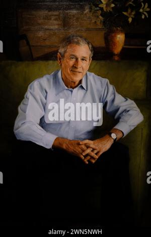 Il ritratto di George W. Bush è esposto nella mostra "America's Presidents" nella National Portrait Gallery. Washington DC. USA Foto Stock