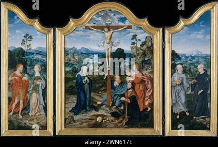 Van Cleve Joos - Crocifissione con Santi e donatore (1520c.) Foto Stock