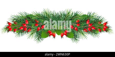 sfondo festivo con rami di abete, ornamento . palle e nastri. Albero di Natale isolato garland, confine. Ideale per banner, volantini, feste Foto Stock