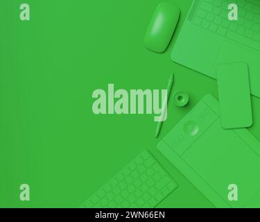 Vista dall'alto dello spazio di lavoro di design e di attrezzature come laptop, tablet, tastiera e telefono su sfondo monocromatico del tavolo. rendering 3d degli accessori per drawin Foto Stock