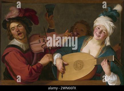 Van Honthorst Gerard (Gherardo delle notti) - Un gruppo allegro dietro una balaustra con violino e liuto (1623c.) (olio su tela 99,4 x 138,5 cm) Foto Stock