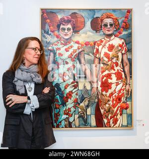 Londra, Regno Unito. 29 febbraio 2024. L'artista Belinda Eaton con il suo lavoro 'Wild Ones', 2023, Oil on Canvas. Anteprima della mostra Belinda Eaton alla Catto Gallery di Hampstead, Londra. Crediti: Imageplotter/Alamy Live News Foto Stock