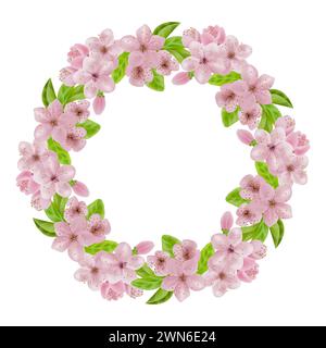 Corona rotonda, telaio con fiori di ciliegio, sakura, ramo con fiori rosa. Disegno a mano per la progettazione di inviti, biglietti, decorazioni Foto Stock