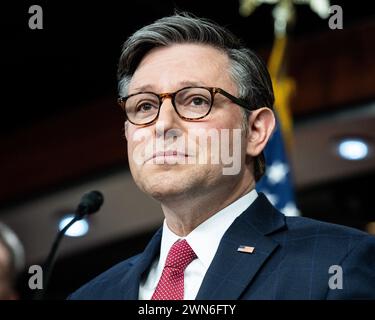 Washington, Stati Uniti. 29 febbraio 2024. Il presidente della camera Mike Johnson (R-LA) parla a una conferenza stampa al Campidoglio degli Stati Uniti. Credito: SOPA Images Limited/Alamy Live News Foto Stock