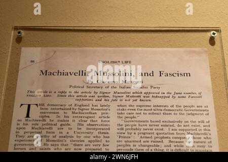 Roma, Italia. 29 febbraio 2024. Dettaglio di una pubblicazione scritta da Giacomo Matteotti intitolata ''Machiavelli, Mussolini e fascismo' (immagine di credito: © Matteo Nardone/Pacific Press via ZUMA Press Wire) SOLO USO EDITORIALE! Non per USO commerciale! Foto Stock