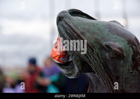 Helsinki, Finlandia - 20 febbraio 2022: La birra arancione compressa può colpire la bocca di una scultura di leone marino presso la fontana che circonda la statua Foto Stock
