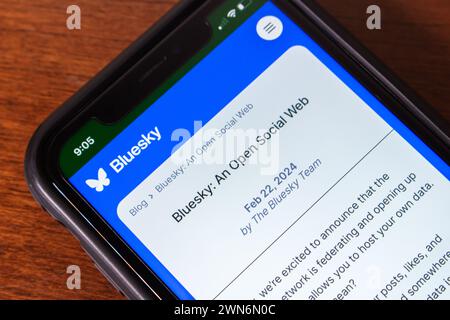 "Bluesky: An Open Social Web" sito web visto in iPhone. Bluesky ha annunciato la federazione della sua rete, consentendo agli utenti di ospitare i propri dati Foto Stock