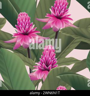 Zenzero rosso con foglie. Varie foglie astratte tropicali. Motivo senza cuciture. sfondo tropicale da fiori arancioni, foglie verdi, carta da parati, copertina, w Foto Stock