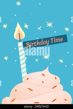 Composizione del testo dell'ora del compleanno sopra il cupcake con candela su sfondo blu Foto Stock