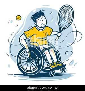 Uomo disabili in sedia a rotelle che gioca a tennis. Illustrazione vettoriale disegnata a mano. Illustrazione Vettoriale