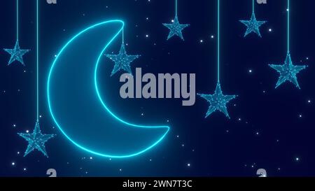 Sfondo islamico con luna crescente e stelle al neon appese e particelle luminose. Ramadan, Mubarak, iftar, Islamico , religione, musulmano, digiuno,... Foto Stock