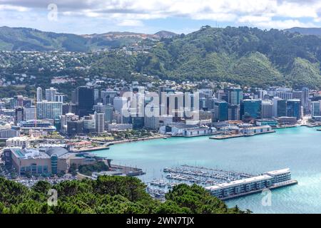 Vista della città e del porto dal punto panoramico del monte Victoria, Wellington, nuova Zelanda Foto Stock