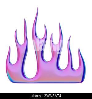 Fiamma 3D. Elemento Y2K alla moda. Colorata e iridescente forma fuoco fiammeggiante con effetto gradiente lucido. Rendering 3D. Illustrazione isolata. Foto Stock