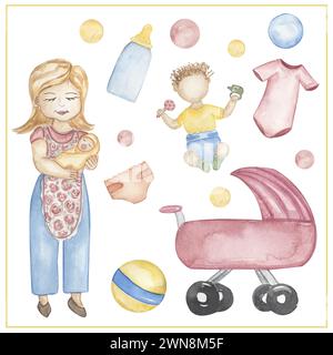 Acquerello Nanny clipart, illustrazione disegnata a mano. Bambinaia che lavora con il bambino, clip art per le tessere scolastiche per bambini, grafica educativa e simpatica per i bambini con i profes Foto Stock