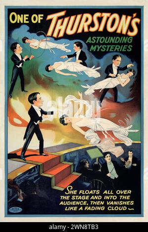 Poster vintage Magician Performer. Uno dei misteri sorprendenti di Thurston. Circa 1920 anni "Galleggia su tutto il palco" Foto Stock