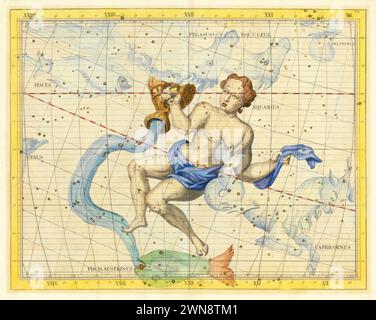 John Flamsteed . Mappa dettagliata delle stelle della costellazione dell'Acquario pubblicata nel 1728 Foto Stock