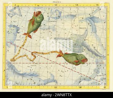 John Flamsteed, 1795. Grafico a stella dettagliato della costellazione dei pesci. Pubblicato nel 1728 Foto Stock