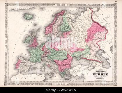 Vintage Map of Johnson's Europe, pubblicata da Johnson and Ward, 1864. Foto Stock