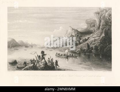 Vintage Historic Print: "Jacques Cartier, con la sua flotta naviga sul fiume San Lorenzo che ha appena scoperto (sic!)" 1535. Incisione di Chavane Foto Stock