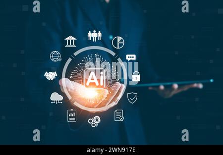 L'uomo utilizza l'intelligenza artificiale per aiutare l'analisi, la tecnologia e il concetto di persone, gli esperti di intelligenza artificiale, l'apprendimento dell'intelligenza artificiale, le aziende, Internet e netwo Foto Stock