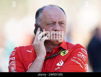 Il team principal Ferrari Fred Vasseur davanti alla prova 3 sul circuito Internazionale del Bahrain, Sakhir. Data foto: Venerdì 1 marzo 2024. Foto Stock