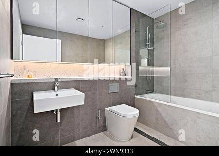 Bagno interno moderno con doccia in vetro, lavandino, WC e porta in vetro Foto Stock