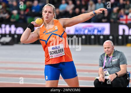 Glasgow, Regno Unito. 1 marzo 2024. GLASGOW, REGNO UNITO - 1 MARZO: L'olandese Jessica Schilder gareggia nel Women's Shot put durante la prima giornata dei Campionati mondiali di atletica leggera indoor di Glasgow 2024 all'Emirates Arena il 1° marzo 2024 a Glasgow, Regno Unito. (Foto di Andy Astfalck/Agenzia BSR) credito: Agenzia BSR/Alamy Live News Foto Stock