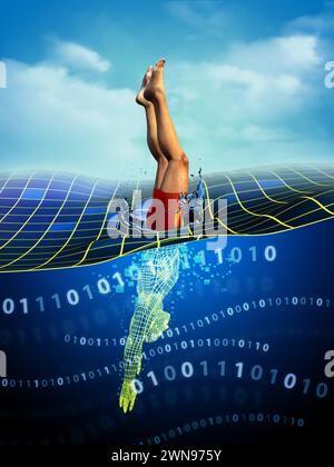Uomo che si tuffa dalla realtà fisica a una dimensione digitale. Illustrazione digitale. Foto Stock
