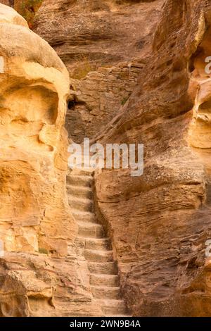 Wadi Musa, Jordan rocce e la scala vista a Little Petra, Siq al-Barid Foto Stock