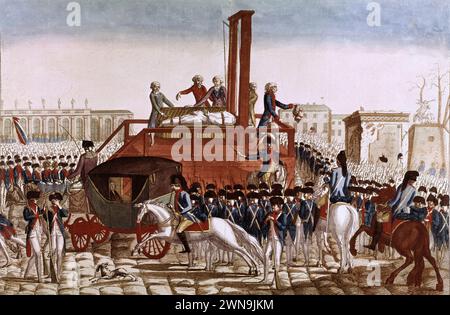 La morte di Luigi XVI il 21 gennaio 1793. La sua testa fu mostrata alla folla da Charles Henri Sauson, il macellaio di Parigi il 21/01/1793. Foto Stock