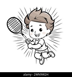 Ragazzo che gioca a badminton - illustrazione colorata dei cartoni animati. Vettore Illustrazione Vettoriale