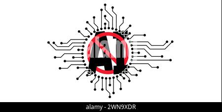 Stop, nessun testo ai, generatore di immagini. Proibito, intelligenza artificiale ai. Tecnologia, intelligenza artificiale, computer e sistemi intellig Foto Stock