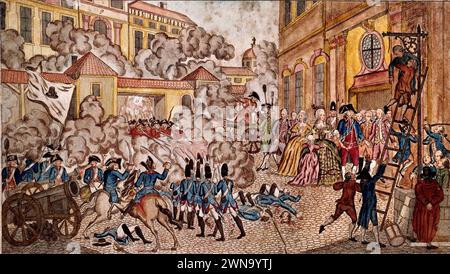 La terribile notte a Parigi il 10 agosto 1792. L'insurrezione a Parigi che costringe Luigi XVI e la sua famiglia (Maria Antonietta e i loro figli) a rifugiarsi nella sala dell'Assemblea Nazionale: La fine della monarchia. Incisione del periodo. Foto Stock