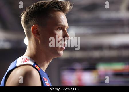 Glasgow, scozia, 1 marzo 202, Karsten Warholm (NOR, 400 metri) durante i Campionati mondiali di atletica leggera 2024 all'Emirates Arena di Glasgow venerdì 1 marzo 2024. (Foto: Pat Scaasi | notizie mi) Foto Stock