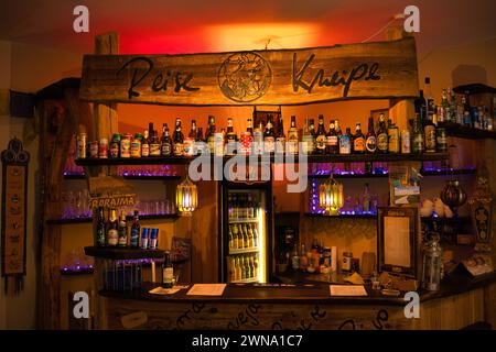 Le varie bottiglie di alcol in un bar a Reise-Kneipe a Dresda, Germania Foto Stock