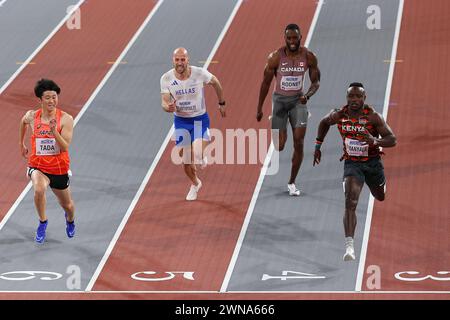 Glasgow, scozia, 1 marzo 202, Ferdinand Omanyala (KEN, 60 metri) durante i Campionati mondiali di atletica leggera 2024 all'Emirates Arena di Glasgow venerdì 1 marzo 2024. (Foto: Pat Scaasi | mi News) crediti: MI News & Sport /Alamy Live News Foto Stock