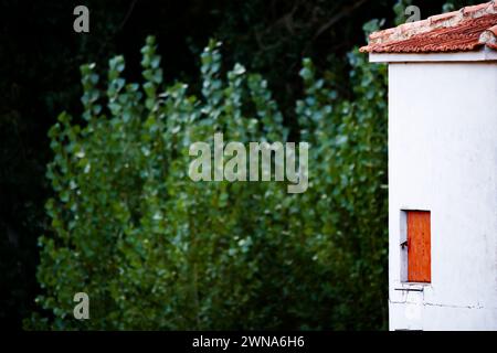 Finestra di una casa in contrasto con un albero fuori fuoco in Ruidera Foto Stock