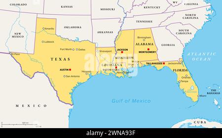 Stati del Golfo degli Stati Uniti, chiamati anche Gulf South o South Coast, mappa politica. Costa degli Stati Uniti meridionali nel Golfo del Messico. Foto Stock