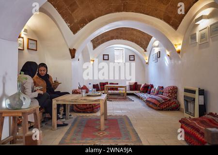 Due giovani ragazze iraniane si siedono insieme all'Art House Cafe nel quartiere storico di Fahadan. Yazd, Iran. Foto Stock