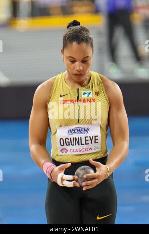 Glasgow, Regno Unito. 1 marzo 2024. Emirates Arena, Glasgow, Scozia - venerdì 1 marzo: Yemisi Ogunleye (GER) partecipa alla finale Shot Put Women durante i Campionati mondiali di atletica leggera indoor di Glasgow 2024 all'Emirates Arena venerdì 1 marzo 2024 (Claire Jeffrey/SPP) credito: SPP Sport Press Photo. /Alamy Live News Foto Stock