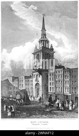 Un'incisione intitolata Bow Church, Cheapside, London UK scansionata ad alta risoluzione da un libro pubblicato intorno al 1815. Ritenuto privo di copyright. Foto Stock