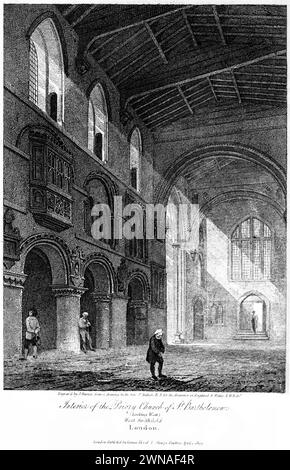 Un'incisione intitolata The Interior of the Priory Church of St Bartholomew (Looking West) West Smithfield, Londra Regno Unito - da un libro del 1815. Foto Stock