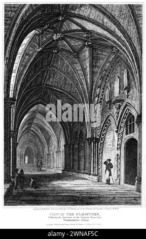 Un'incisione intitolata View in the Cloisters, (Shewing the Entrance to the Chapter House &c) Westminster Abbey, Londra Regno Unito - da un libro del 1815. Foto Stock