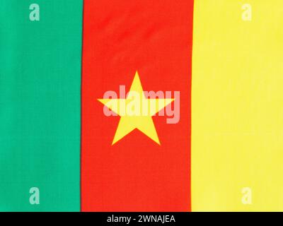 Primo piano su sfondo con bandiera in tessuto Camerun piatto. Foto Stock