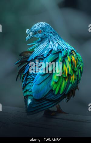 Vista ravvicinata di un piccione nicobare arroccato sul legno - Caloenas nicobarica Foto Stock