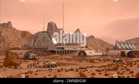 Campo base della colonia di Marte, con cupole abitative, rover, antenne di comunicazione e astronauti in servizio. Illustrazione con rendering 3D. Foto Stock
