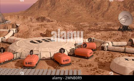 Campo base della colonia di Marte, con cupole abitative, rover, strutture di ricerca, laboratori, e antenne di comunicazione. Illustrazione con rendering 3D. Foto Stock